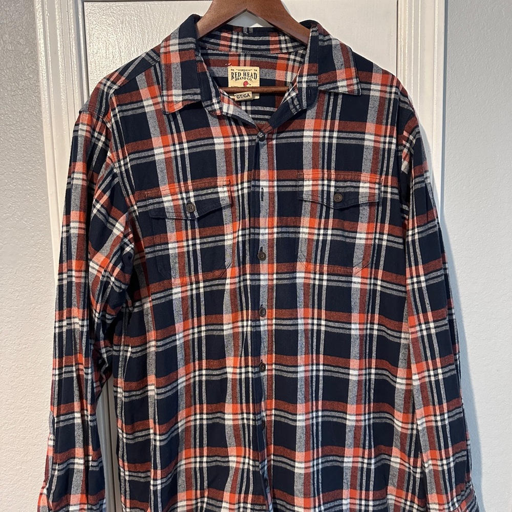 RedHead Men's Casual Plaid Shirt - Navy and Orange